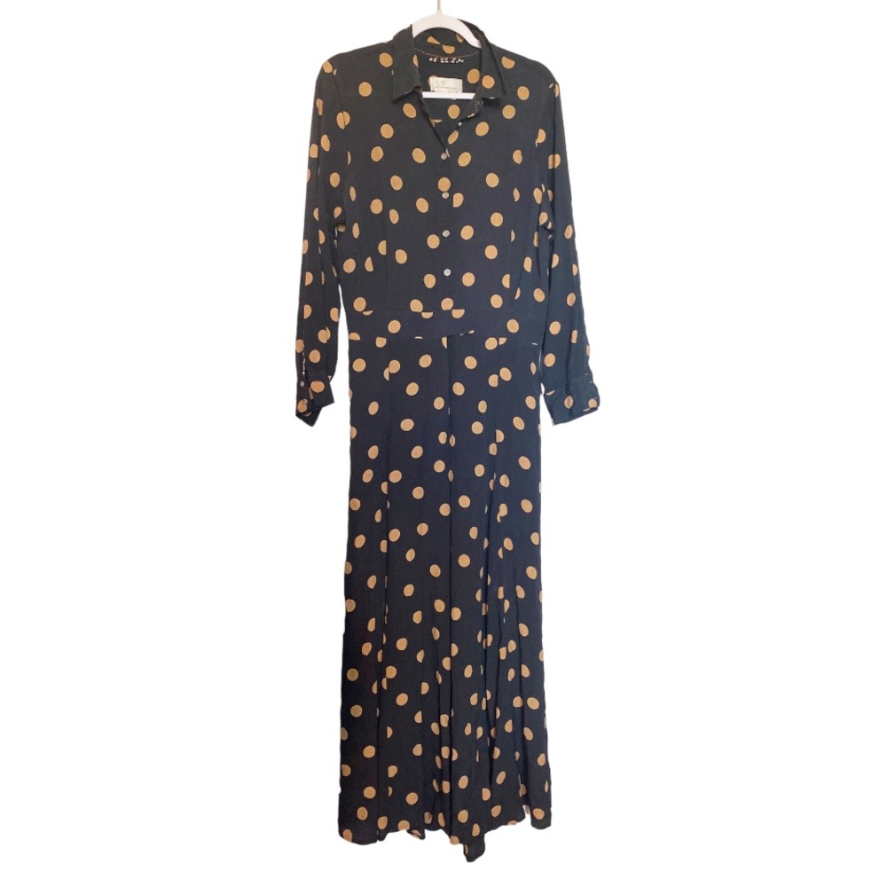 Anthropologie Jumpsuit Loveland Polka Dot Wide Leg Black/Tan Size 14 - Picture 4 of 13